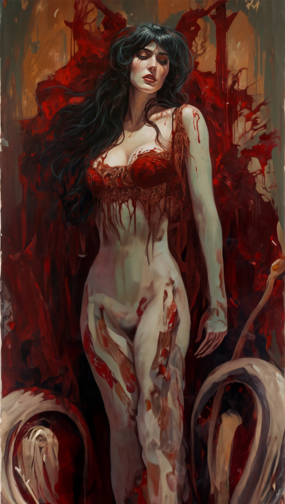 Vampirella in the style of a Pre-Raphaelite painting, generated by Midjourney & extended by Photoshop beta