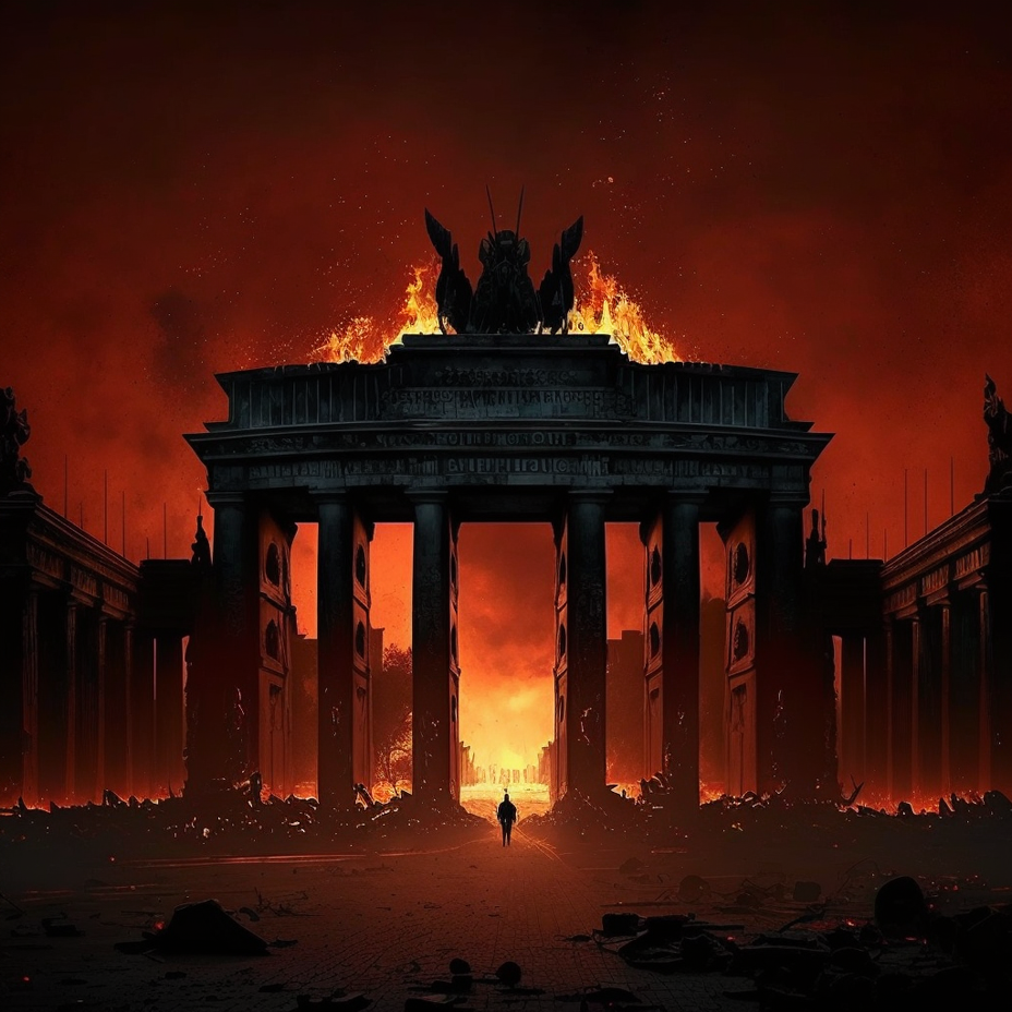 Berlin nach der Apocalypse, das Brandenburger Tor brennt by creohn generated via Midjourney